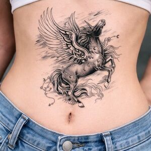 Large Black, Gray, White Winged Unicorn Pegasus 8”x 5” Long Lasting Tatoo Coed